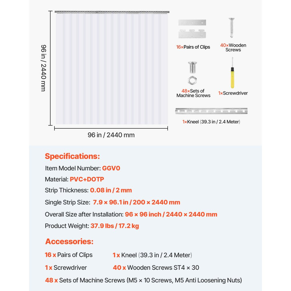 VEVOR Strip Curtain 16PCS, 96" Height, 96" Width, 0.08" Thickness, Clear Smooth Plastic Door Strips with 50% Overlap