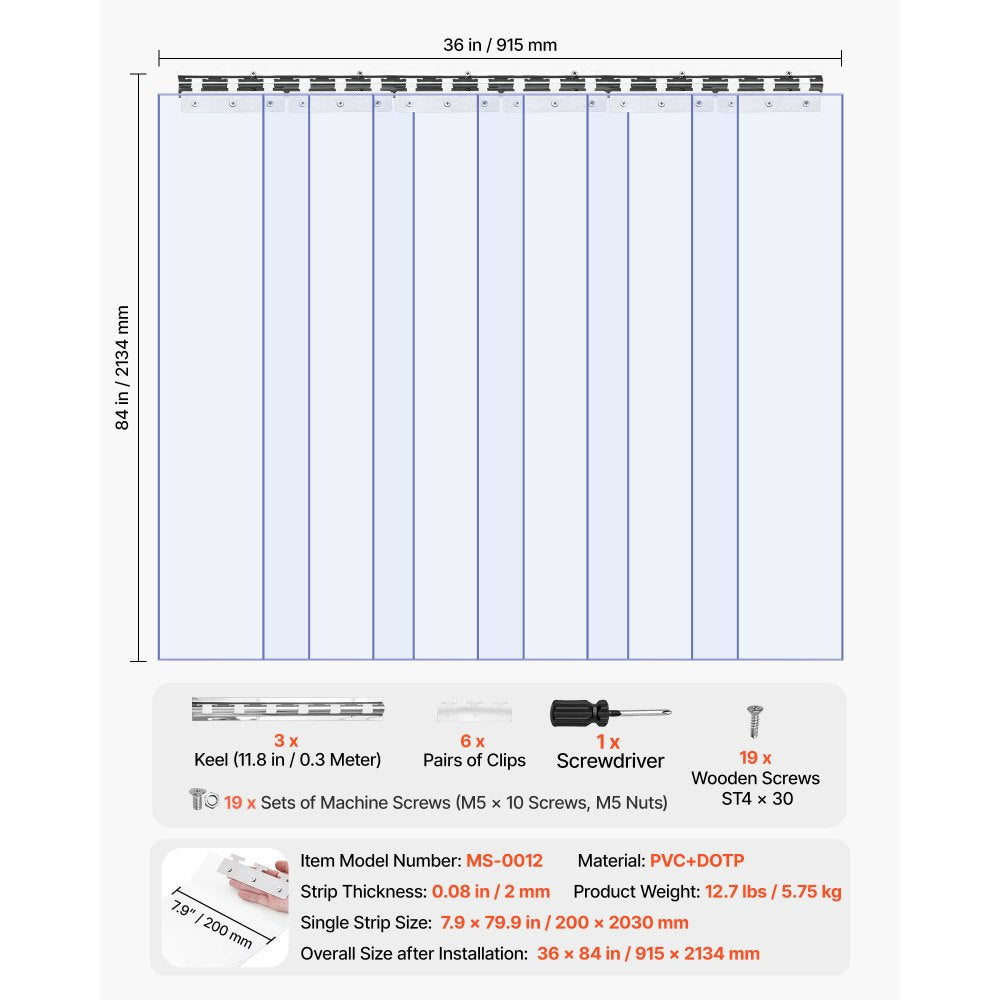 VEVOR Clear PVC Strip Curtain, 84 in Height x 36 in Width x 0.08 in Thickness, 6 PCS Walk in Freezer Cooler Curtain