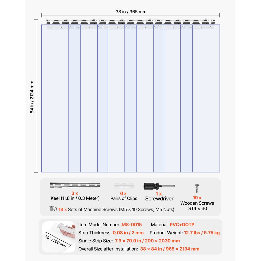 VEVOR Clear PVC Strip Curtain, 84 in Height x 38 in Width x 0.08 in Thickness, 6 PCS Walk in Freezer Cooler Curtain