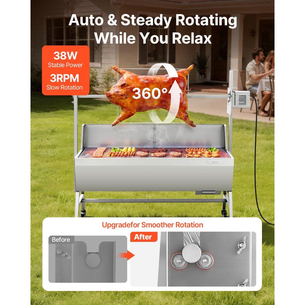 VEVOR Rotisserie Grill, 38W BBQ Outdoor Pig & Lamb Spit Roaster, Charcoal Spit Roaster with 132 LBS Capacity, Wheels &