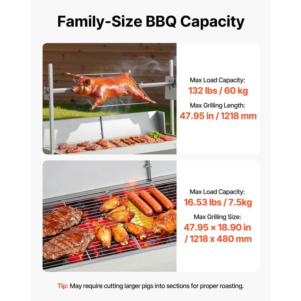VEVOR Rotisserie Grill, 38W BBQ Outdoor Pig & Lamb Spit Roaster, Charcoal Spit Roaster with 132 LBS Capacity, Wheels &