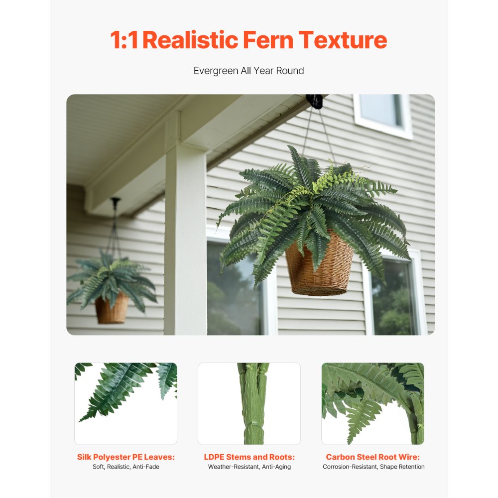 VEVOR Artificial Ferns 2 Pcs, Natural Spread Diameter 31-34 Inch, Large Hanging Artificial Boston Ferns, Fake Plant