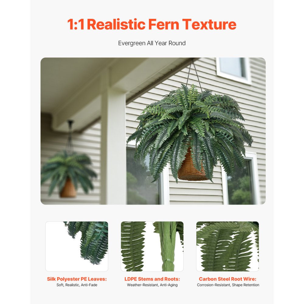 VEVOR Artificial Ferns, Natural Spread Diameter 43-47 Inch, Large Hanging Artificial Boston Ferns, Fake Plant Wall