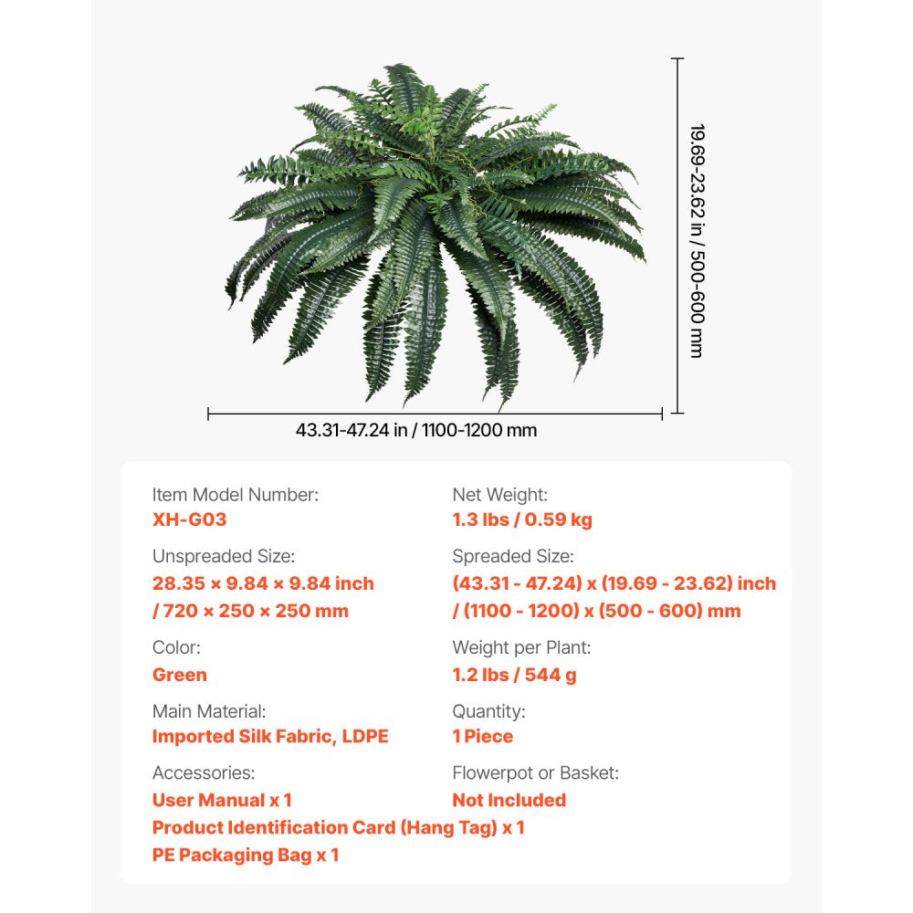 VEVOR Artificial Ferns, Natural Spread Diameter 43-47 Inch, Large Hanging Artificial Boston Ferns, Fake Plant Wall