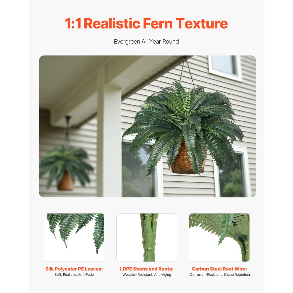 VEVOR Artificial Ferns 2 Pcs, Natural Spread Diameter 43-47 Inch, Large Hanging Artificial Boston Ferns, Fake Plant