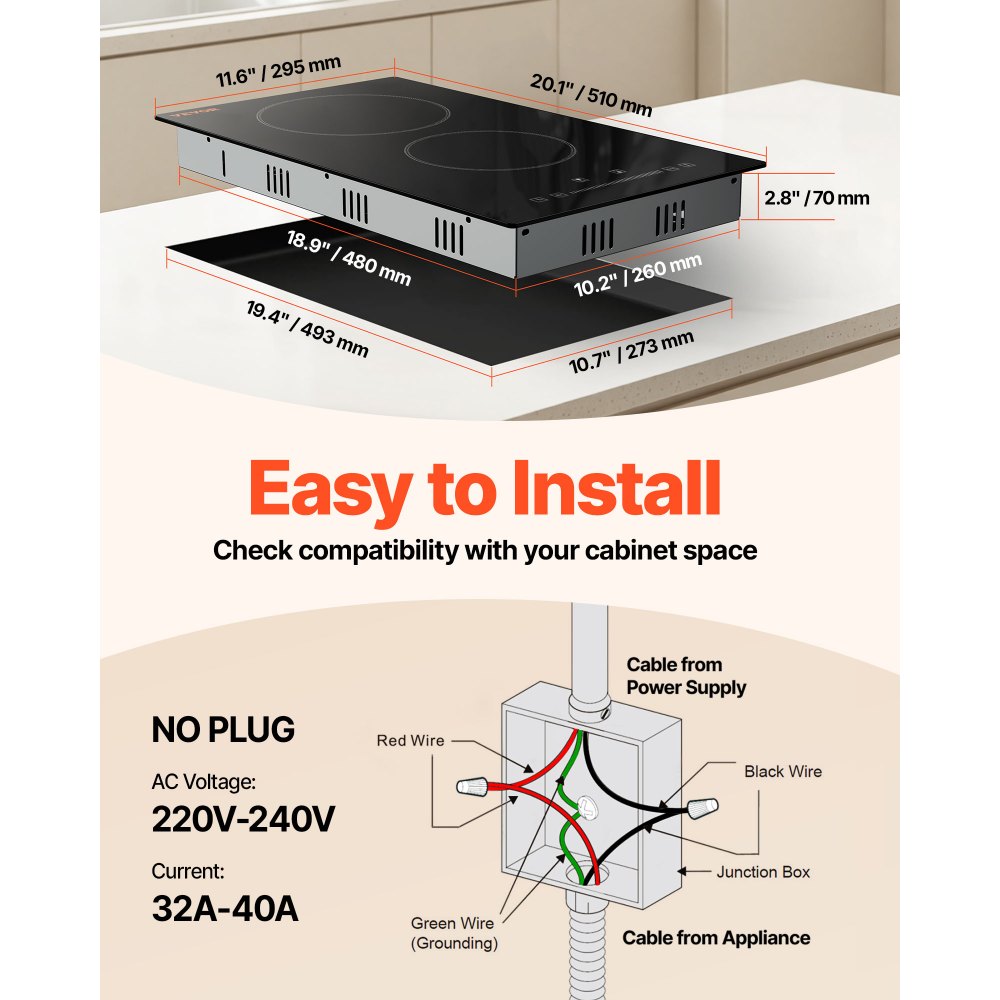 VEVOR Built in Electric Stove Top, 20 x 11.6 inch 2 Burners, 240V Glass Radiant Cooktop with Sensor Touch Control