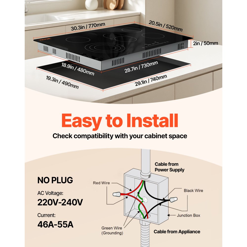 VEVOR Built in Electric Stove Top, 30.3 x 20.5 inch 5 Burners, 240V Glass Radiant Cooktop with Sensor Touch Control