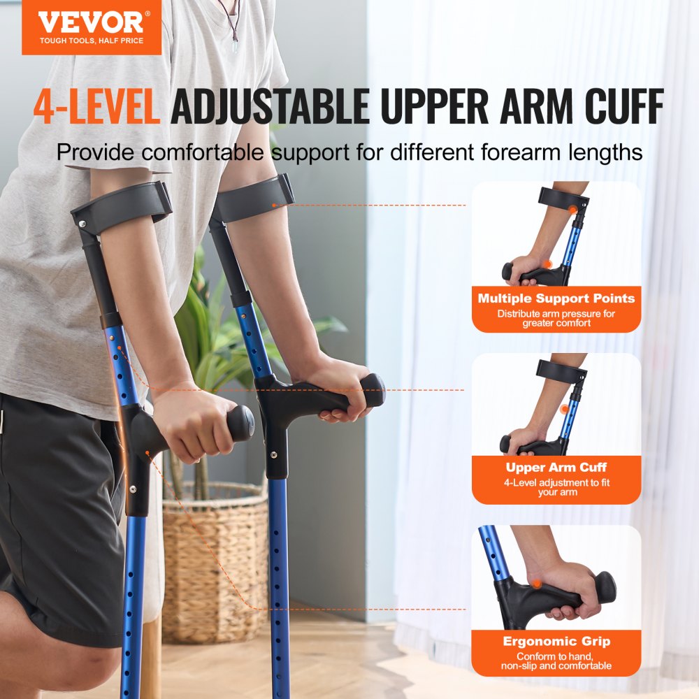 VEVOR Forearm Crutches for Adults, 11-Level Height Adjustable Walking Crutches with 4-Level Upper Cuff, Lightweight
