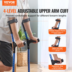 VEVOR Forearm Crutches for Adults, 11-Level Height Adjustable Walking Crutches with 4-Level Upper Cuff, Lightweight