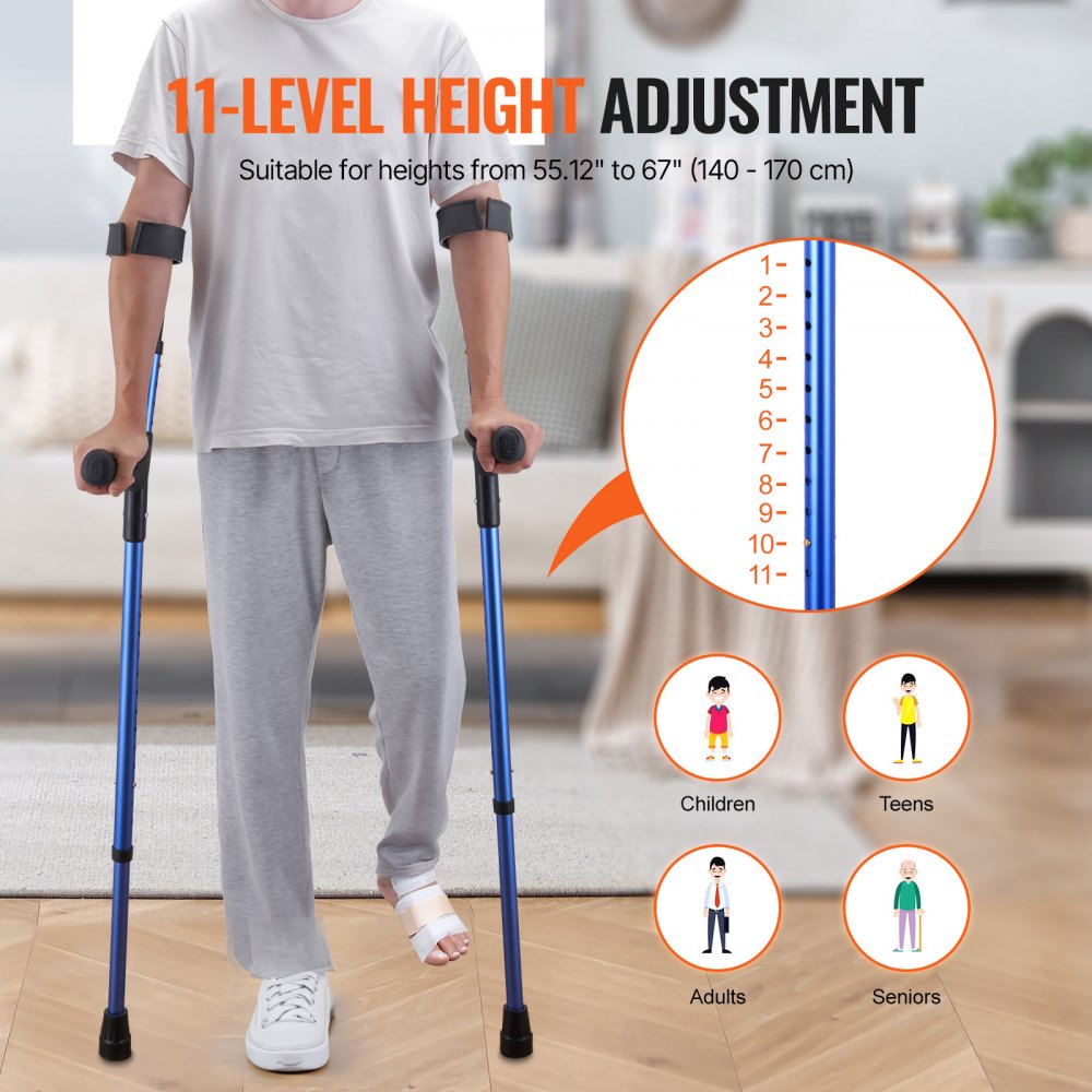 VEVOR Forearm Crutches for Adults, 11-Level Height Adjustable Walking Crutches with 4-Level Upper Cuff, Lightweight