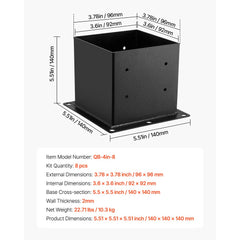 VEVOR 4x4 Post Base 8 Pcs, Inner Size 3.6x3.6 inch / 92x92 mm Post Brackets, Heavy Duty Carbon Steel Decking Posts