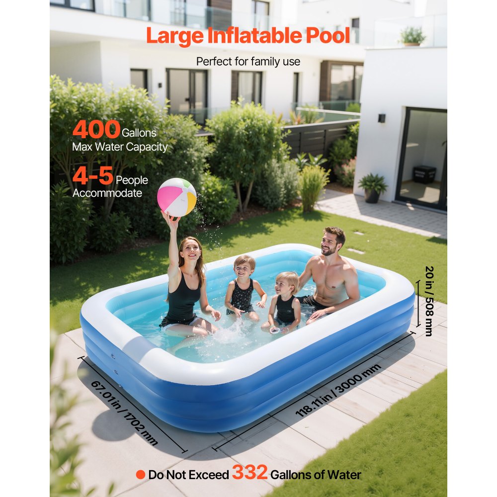 VEVOR Inflatable Pool, 118 x 67 x 20 inch Large Inflatable Swimming Pool, Family Large Swimming Pools with Repair