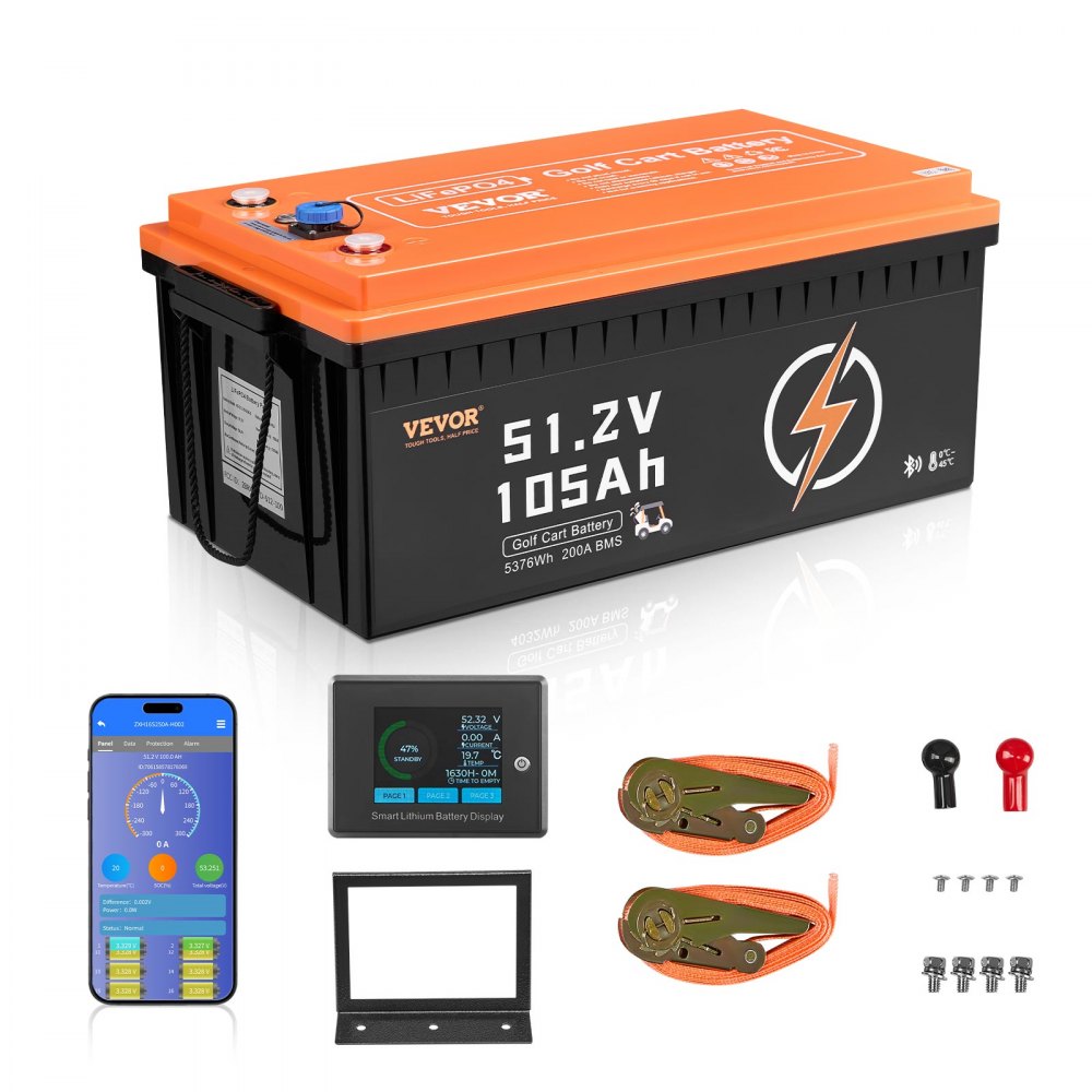VEVOR 48V 105Ah Golf Cart Lithium Battery, 48 Volt Golf Cart Battery with 200A BMS, LCD Monitor and Mobile APP, LiFePO4