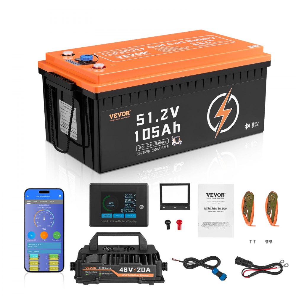 VEVOR 48V 105Ah Golf Cart Lithium Battery, 48 Volt Golf Cart Battery with 200A BMS, LCD Monitor and Mobile APP, LiFePO4