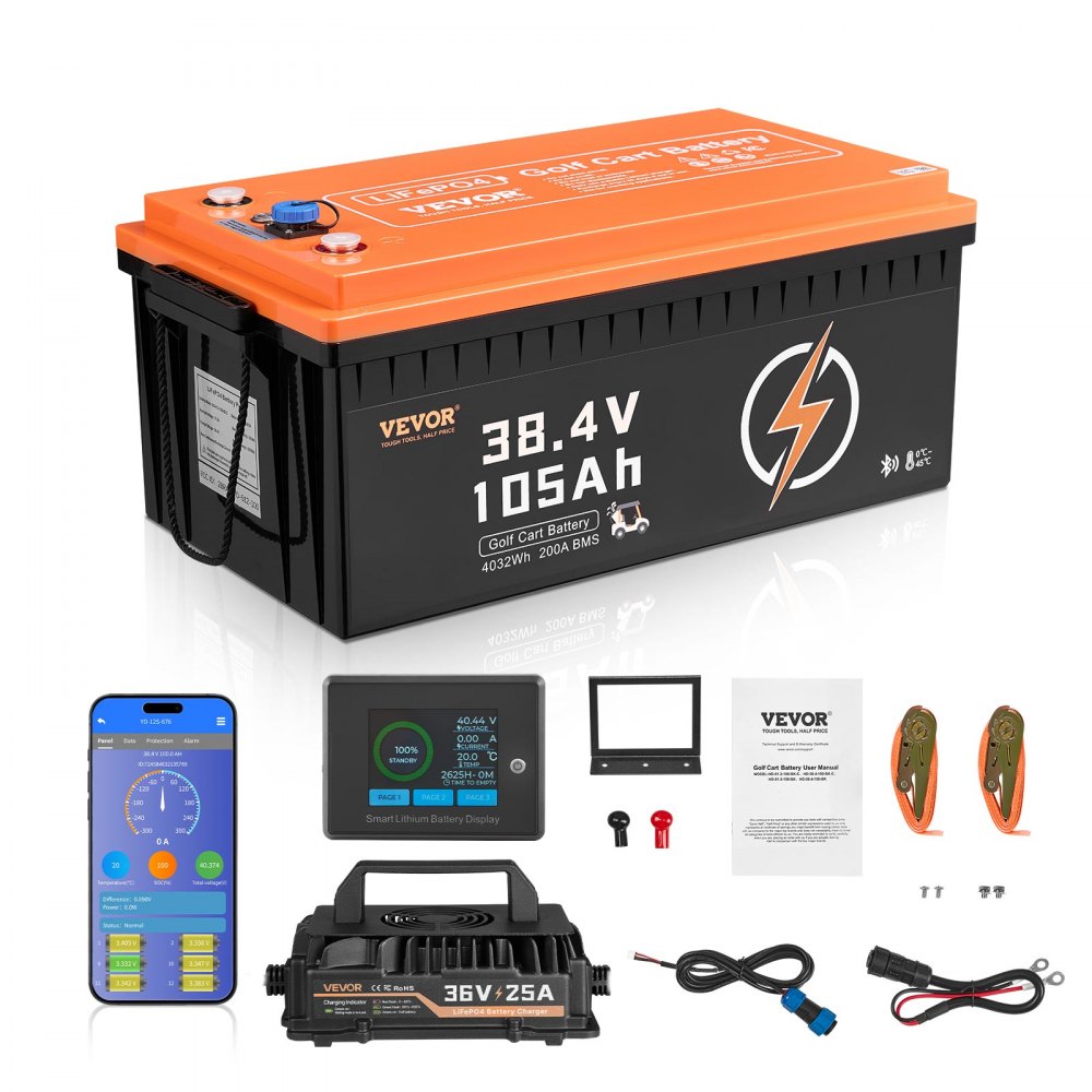 VEVOR 36V 105Ah Golf Cart Lithium Battery, 36 Volt Golf Cart Battery with 200A BMS, LCD Monitor and Mobile APP, LiFePO4