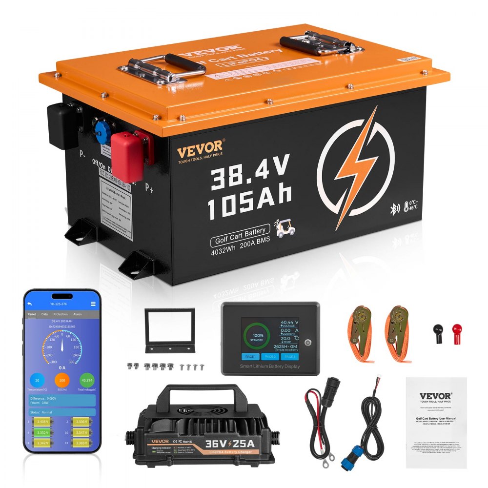 VEVOR 36V 105Ah Golf Cart Lithium Battery, 36 Volt Golf Cart Battery with 200A BMS, Touch Monitor and Mobile APP
