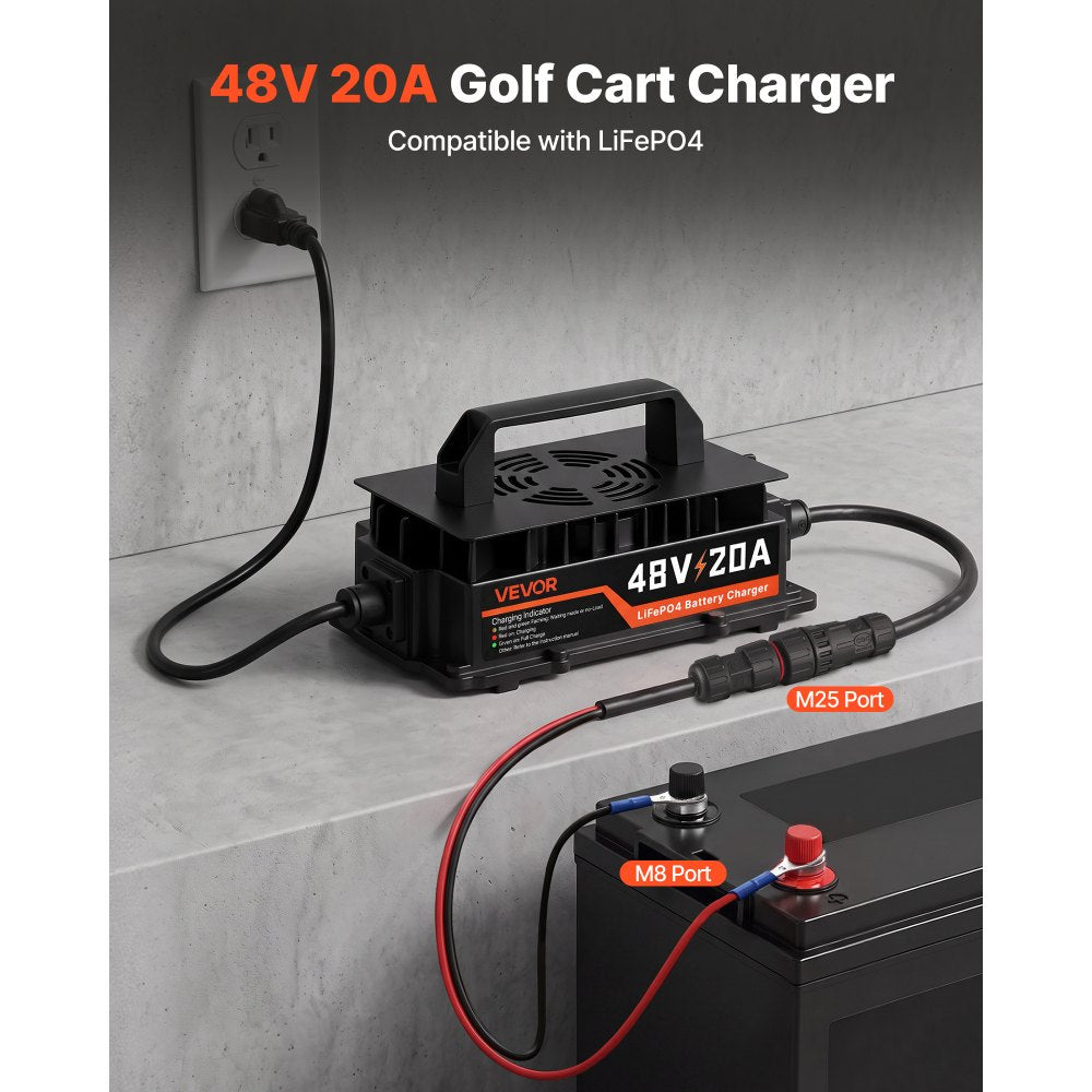VEVOR Golf Cart Battery Charger 48V 20A Club Car EZGO Lithium Smart Charger, for LiFePO4 Battery, Aluminum Alloy Shell