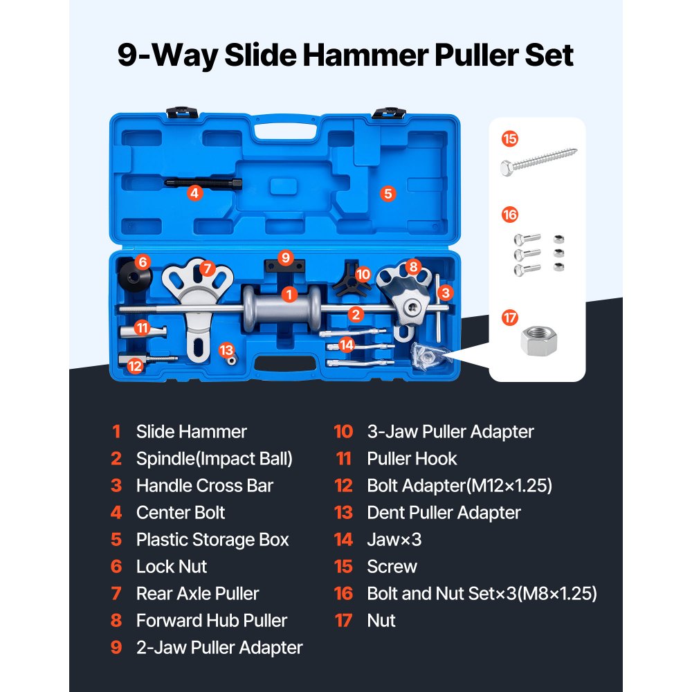VEVOR 9-Way Slide Hammer Puller Set, 15PCS Front Wheel Hub Bearing Remover & Rear Wheel Axle Hub Dent Shaft Puller Tool