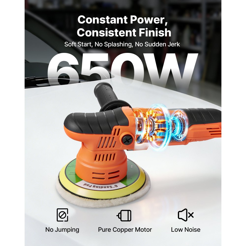 VEVOR Car Buffer Polisher, 6-Inch Dual Action Polisher Buffer Waxer, 650W 6 Variable Speeds 2000-6800RPM Random Orbital
