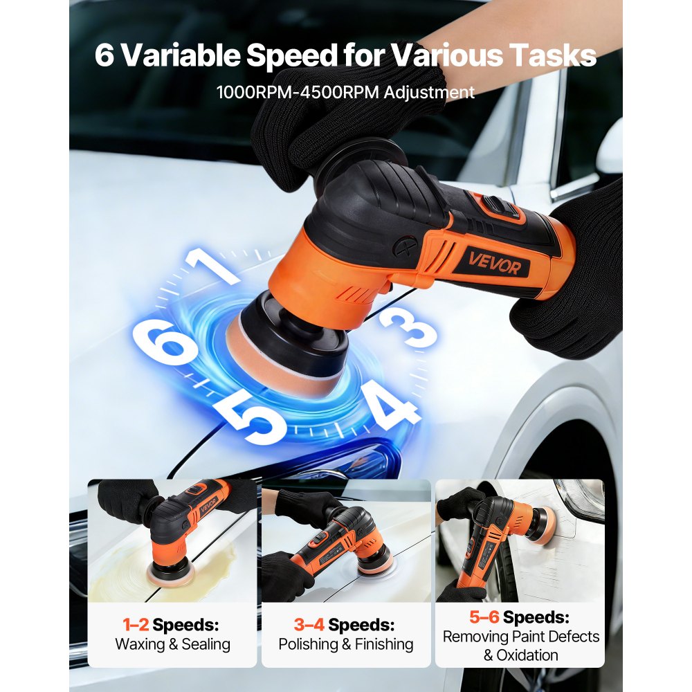 VEVOR Car Buffer Polisher, 1.2"/2"/3" Rotary Polisher Buffer, 600W 6 Variable Speeds 1000-4500RPM Car Polisher Waxer
