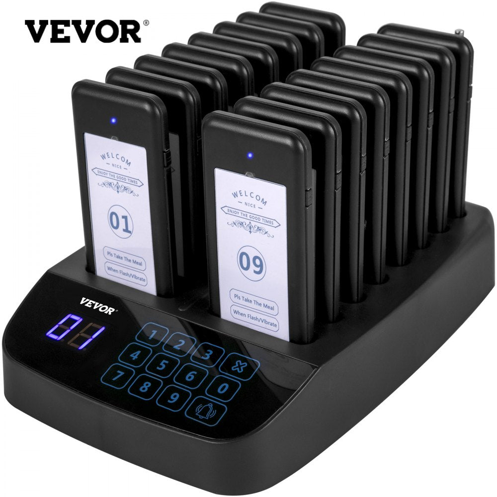 VEVOR F101 Restaurant Pager System 16 Pagers, Max 98 Beepers Wireless Calling System, Touch Keyboard with Vibration