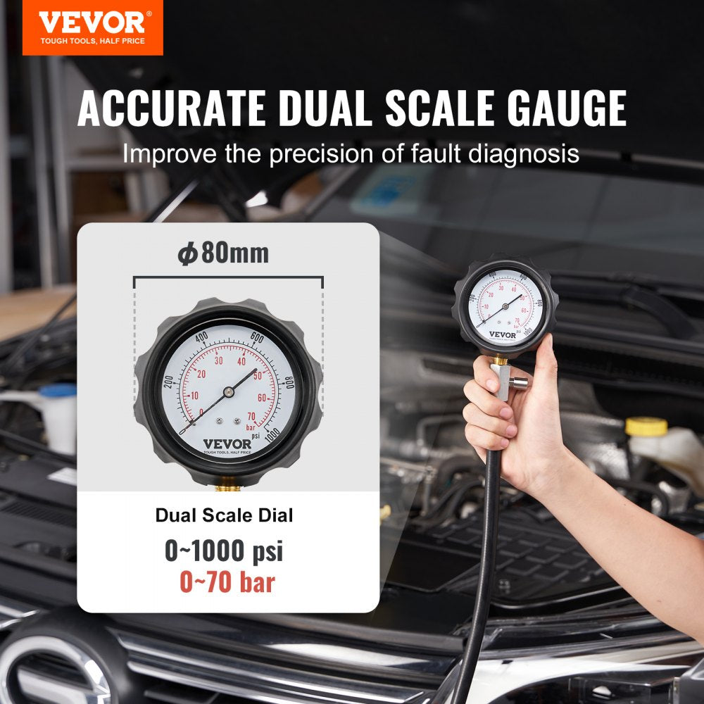 VEVOR Diesel Engine Compression Tester, 18 pcs Cylinder Pressure Test Tool Kit, with 0-1000 psi Gauge and Adapters