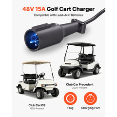 VEVOR Golf Cart Battery Charger 48V 15A Club Car Charger 3-Pin Round Plug, Only for Lead Acid Battery, Aluminum Alloy