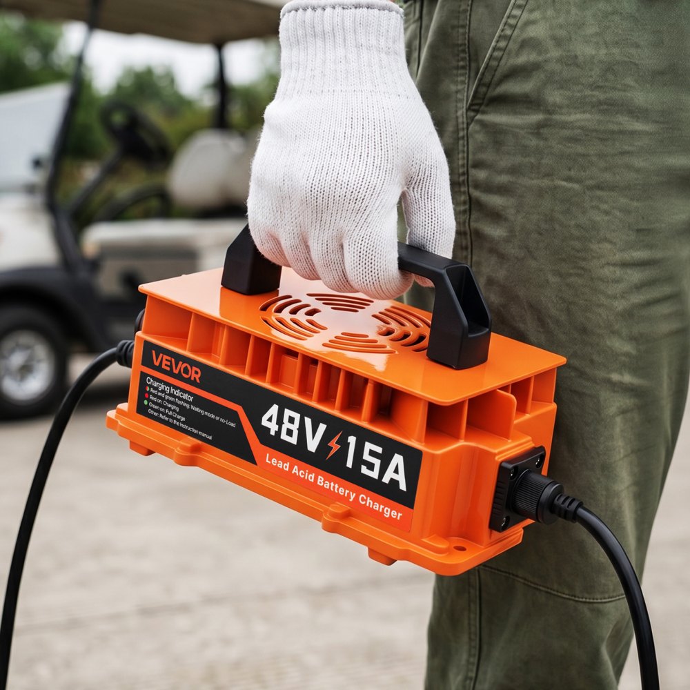 VEVOR Golf Cart Battery Charger 48V 15A Club Car Charger 3-Pin Round Plug, Only for Lead Acid Battery, Aluminum Alloy