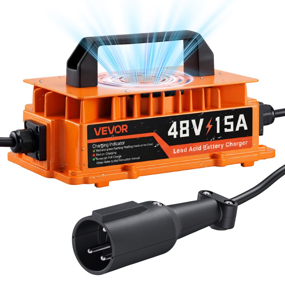VEVOR Golf Cart Battery Charger 48V 15A Club Car Charger 3-Pin Round Plug, Only for Lead Acid Battery, Aluminum Alloy