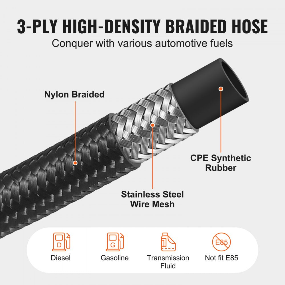 VEVOR 6AN Fuel Line Kit, 20 FT Fuel Hose Kit, 0.34" Nylon Stainless Steel Braided Fuel Line Oil/Gas/Diesel Hose End