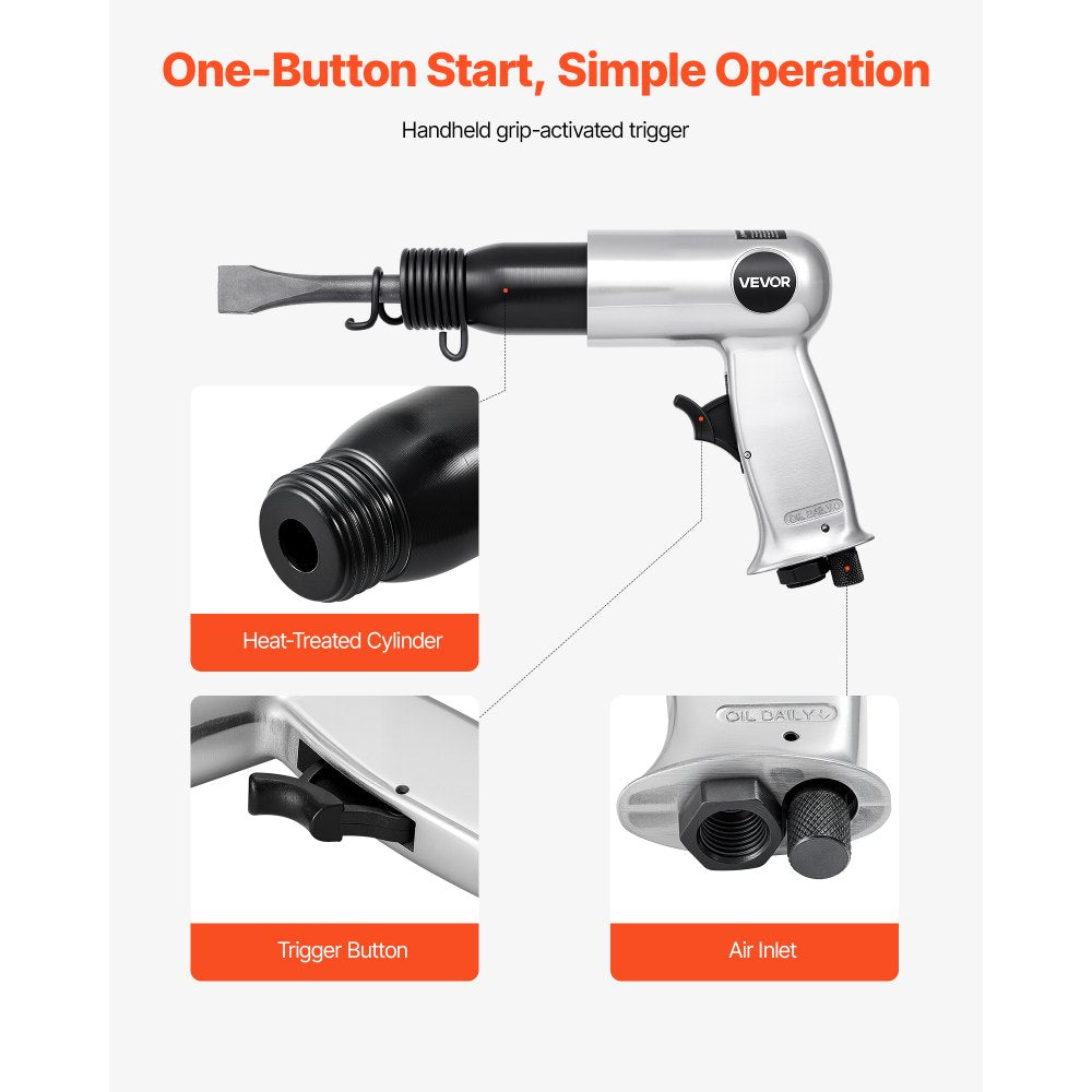 VEVOR Air Hammer, 3500BPM Pneumatic Hammer with 2.76 inch Stroke & 4PCS Chisels Round Shank, Pistol-Grip Compact Air