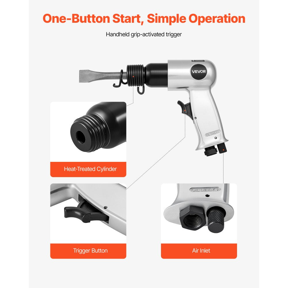 VEVOR Air Hammer, 4500BPM Pneumatic Hammer with 1.57-inch Stroke & 4PCS Chisels Round Shank, Lightweight & Compact Air