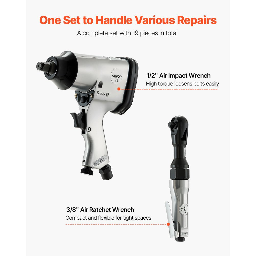 VEVOR 1/2" Air Impact Wrench & 3/8" Ratchet Wrench Combo, 19 Pieces Pro Air Tool and Accessories Kit - Includes 10PCS