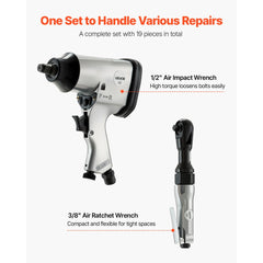 VEVOR 1/2" Air Impact Wrench & 3/8" Ratchet Wrench Combo, 19 Pieces Pro Air Tool and Accessories Kit - Includes 10PCS