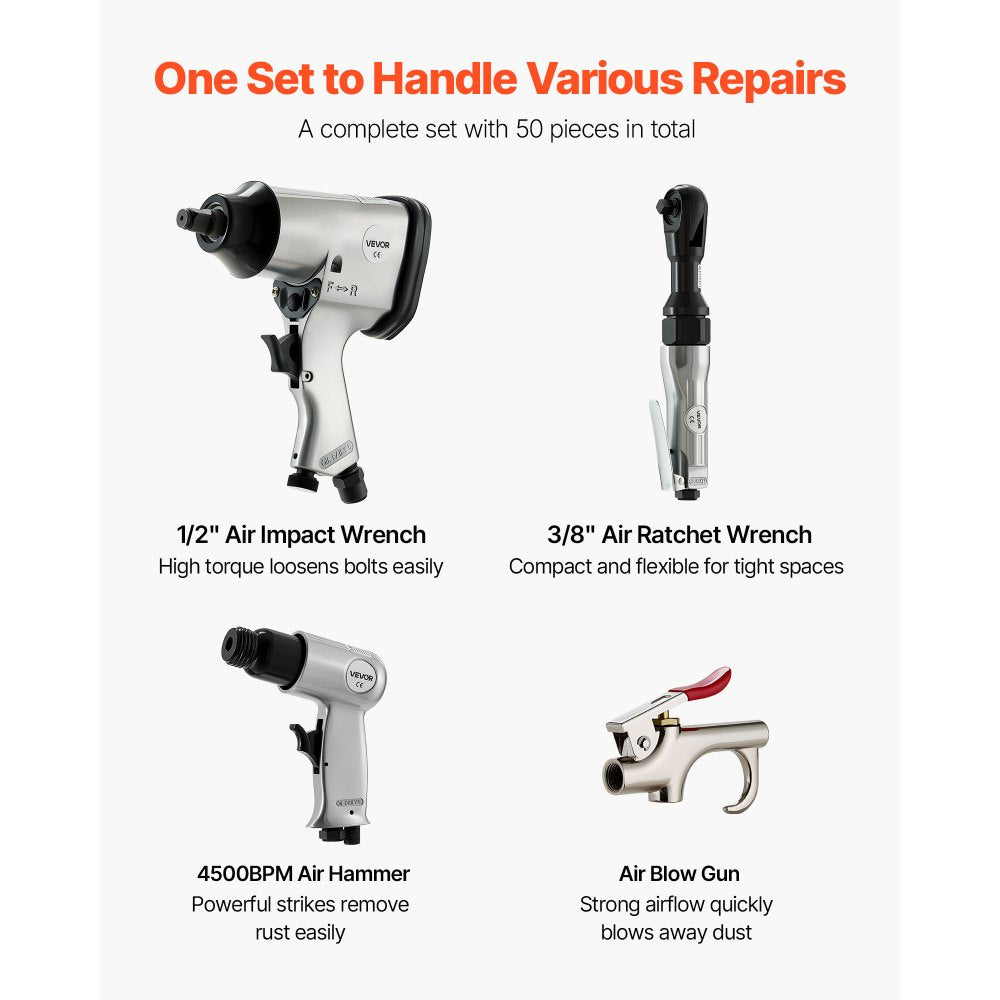 VEVOR 50 Pieces Pro Air Tool and Accessories Kit - 1/2" Air Impact Wrench, 3/8" Ratchet Wrench, 4500BPM Hammer, Blow