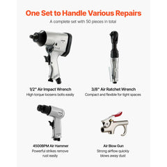 VEVOR 50 Pieces Pro Air Tool and Accessories Kit - 1/2" Air Impact Wrench, 3/8" Ratchet Wrench, 4500BPM Hammer, Blow