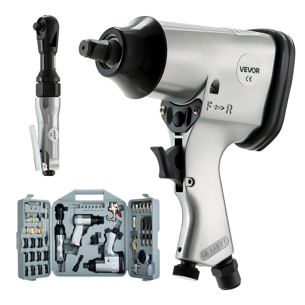 VEVOR 50 Pieces Pro Air Tool and Accessories Kit - 1/2" Air Impact Wrench, 3/8" Ratchet Wrench, 4500BPM Hammer, Blow