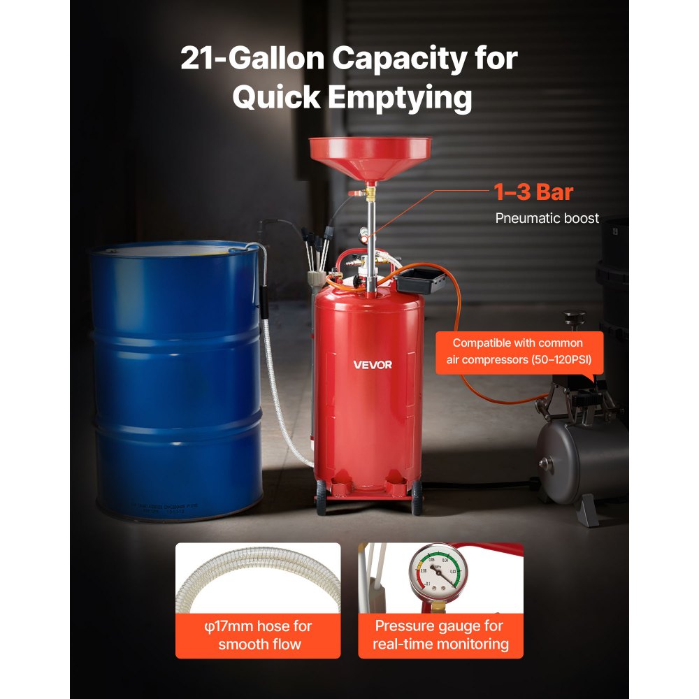 VEVOR 21 Gallon Waste Oil Drain Tank, Air Operated Portable Oil Drainer with Adjustable Funnel Height, Industrial Fluid