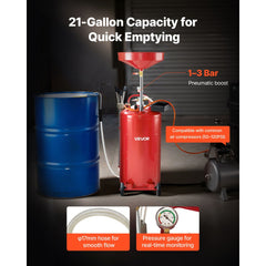 VEVOR 21 Gallon Waste Oil Drain Tank, Air Operated Portable Oil Drainer with Adjustable Funnel Height, Industrial Fluid