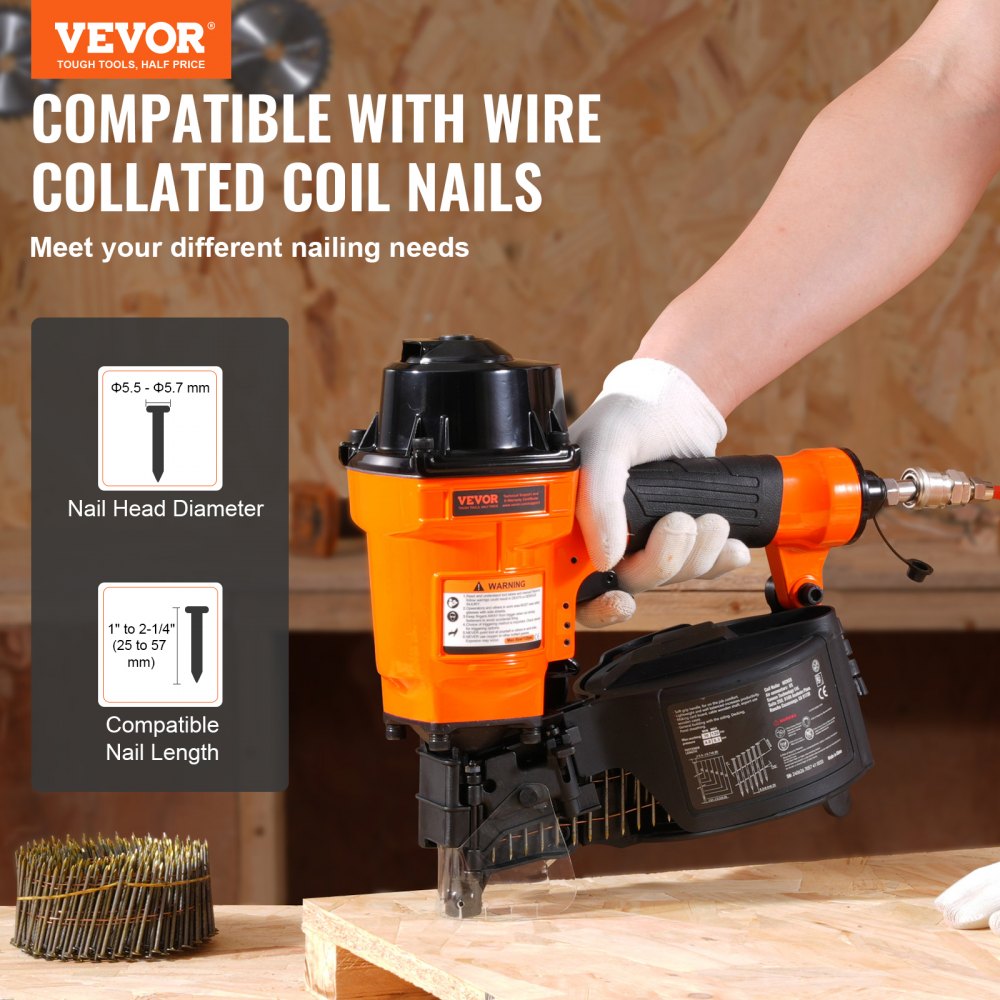 VEVOR Coil Siding Nailer MCN55, 1 inch to 2-1/4 inch 15 Degree Pneumatic Siding Nail Gun, 70-120PSI Air Coil Nailer for