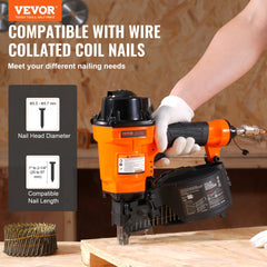 VEVOR Coil Siding Nailer MCN55, 1 inch to 2-1/4 inch 15 Degree Pneumatic Siding Nail Gun, 70-120PSI Air Coil Nailer for