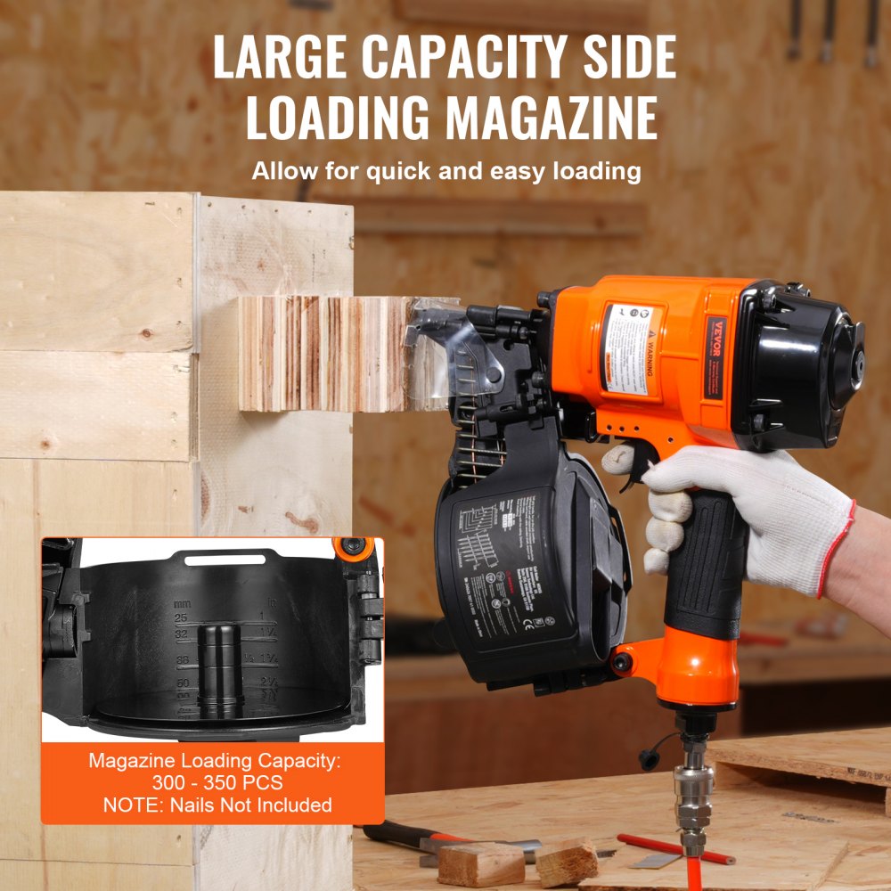 VEVOR Coil Siding Nailer MCN55, 1 inch to 2-1/4 inch 15 Degree Pneumatic Siding Nail Gun, 70-120PSI Air Coil Nailer for
