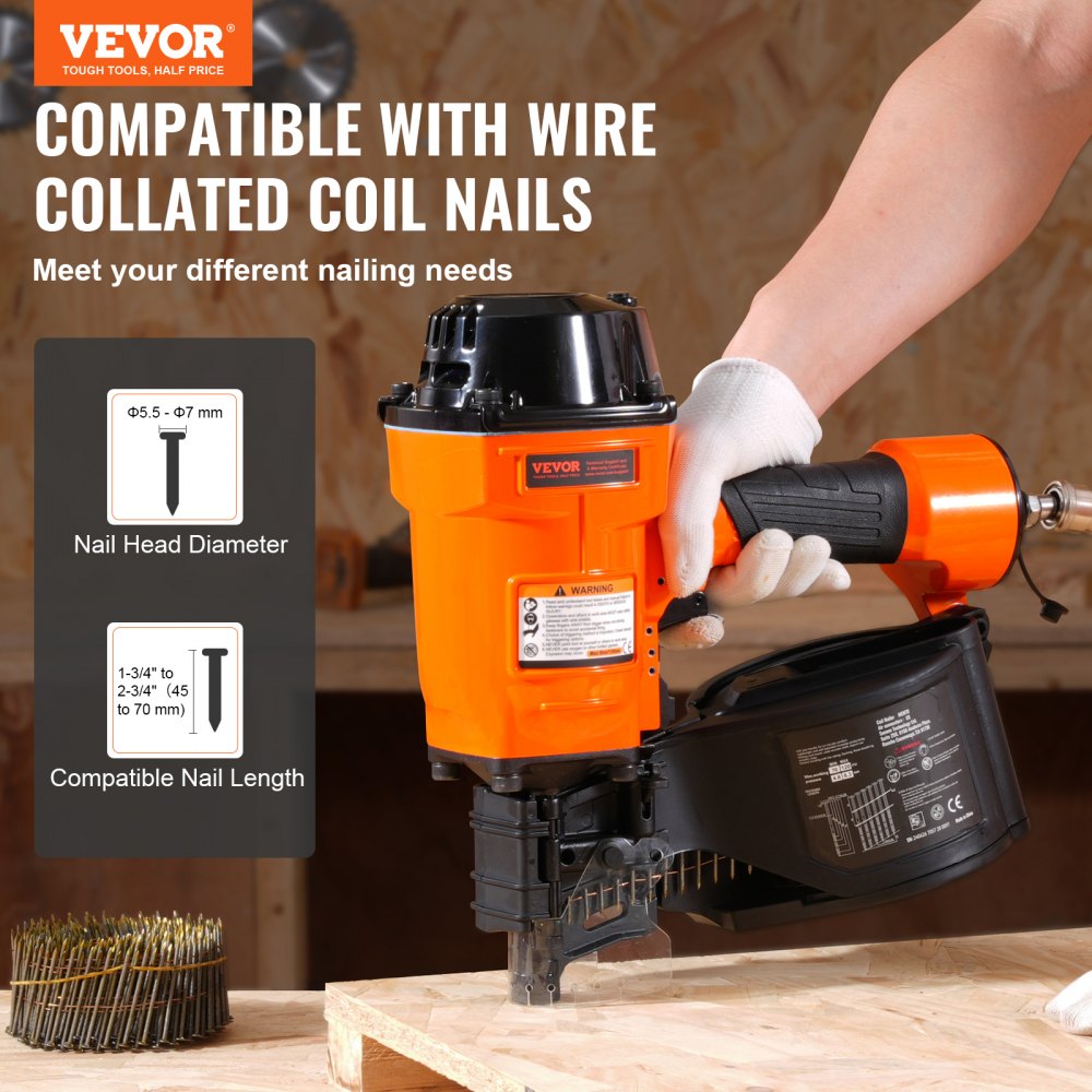 VEVOR Coil Siding Nailer MCN70, 1-3/4" to 2-3/4" 15 Degree Pneumatic Siding Nail Gun, 70-120PSI Air Coil Nailer for
