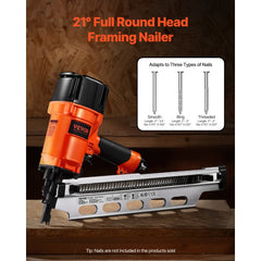 VEVOR Framing Nailer, 2" to 3-1/2" 21 Degree Full Round Head Pneumatic Framing Nailer with Dual Trigger Modes &