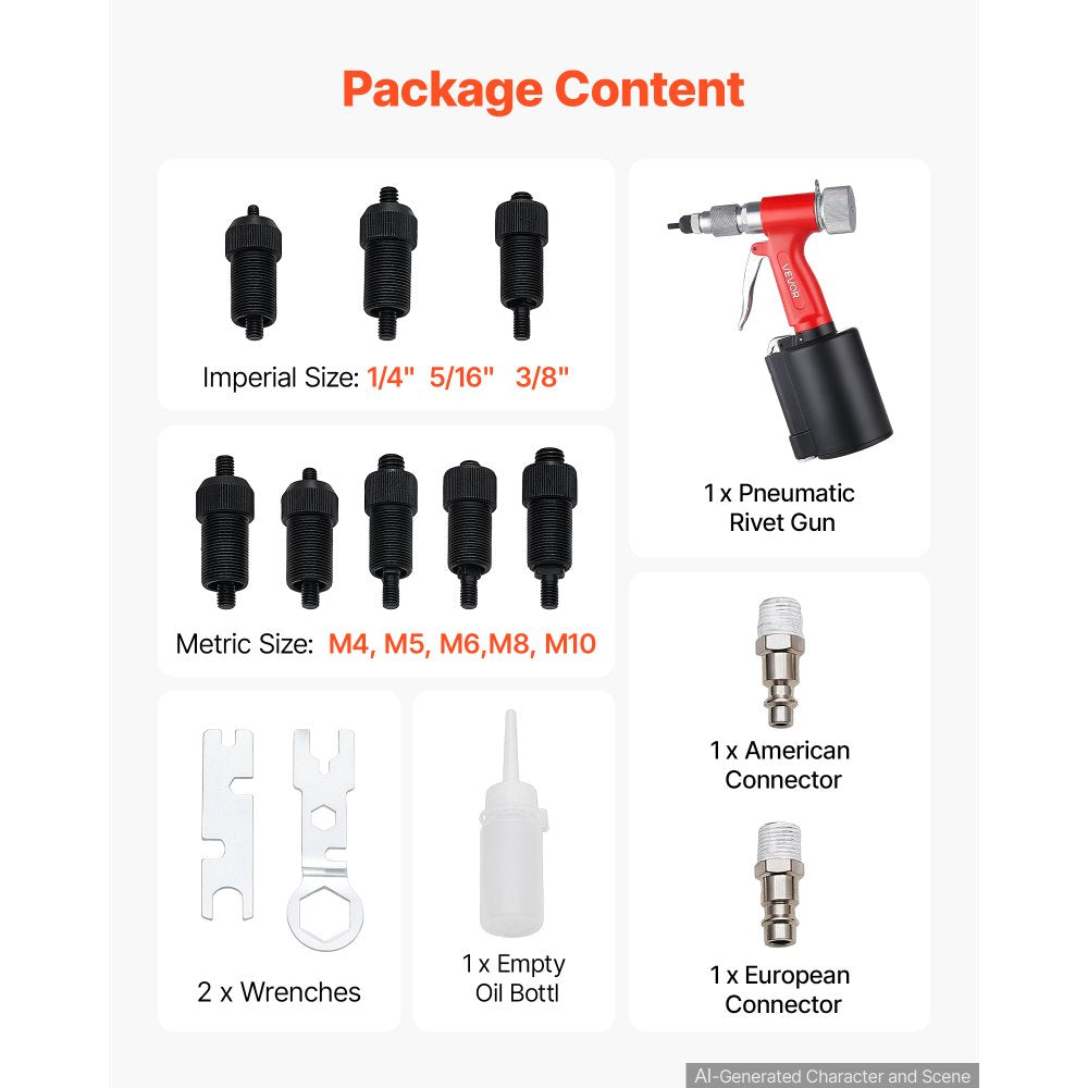 VEVOR Pneumatic Rivet Nut Gun Kit with 8PCS SAE & Metric Gun Heads, M4 M5 M6 M8 M10 1/4" 5/16" 3/8", 2680LBS Force, Air
