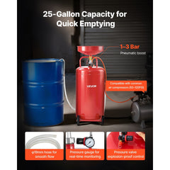 VEVOR 25 Gallon Waste Oil Drain Tank, Air Operated Portable Oil Drainer with Adjustable Funnel Height, Industrial Fluid