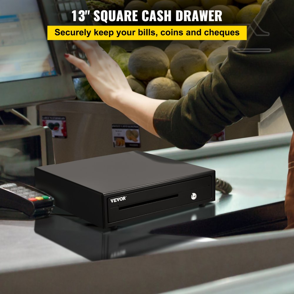 Cash Register Drawer, 13" 12 V, for POS System with 4 Bill 5 Coin Cash Tray, Removable Coin Compartment & 2 Keys