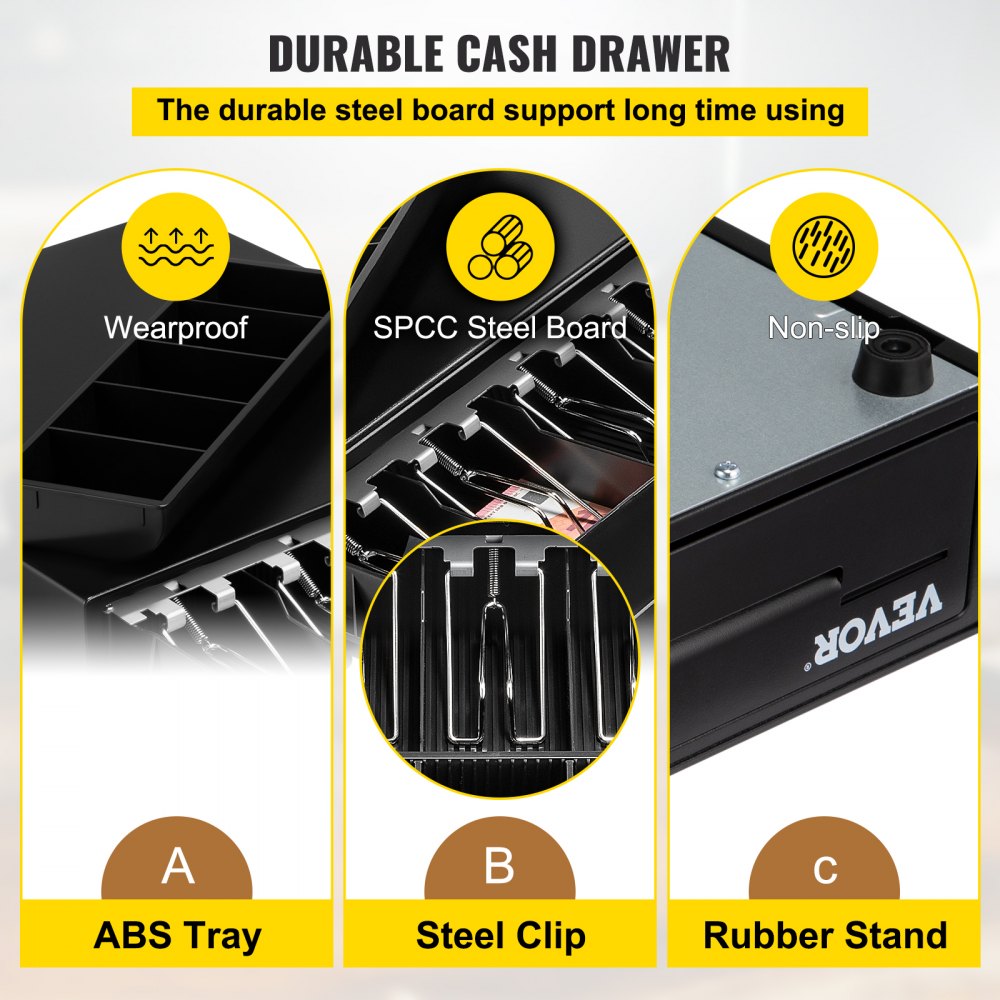 Cash Register Drawer, 13" 12 V, for POS System with 4 Bill 5 Coin Cash Tray, Removable Coin Compartment & 2 Keys