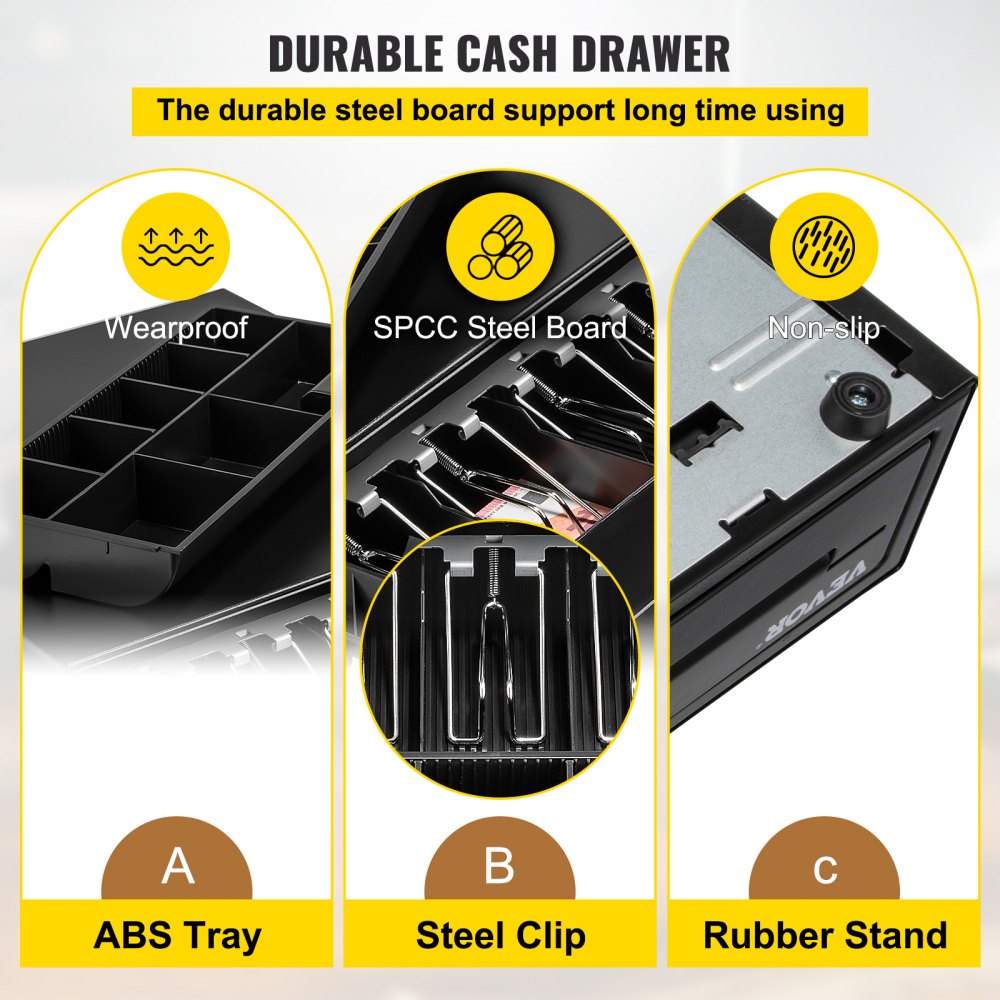VEVOR Cash Register Drawer, 16" 12 V, for POS System with 5 Bill 8 Coin Cash Tray, Movable Coin Compartment & 2 Keys