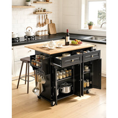 VEVOR Kitchen Island Cart, 43" Wood Top Mobile Carts with Storage Cabinet, Rolling Table with Drop Leaf, Spice Rack